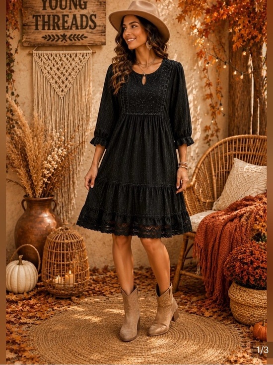 Young Threads Dresses & Skirts - Young Threads Black Crochet Tiered Long-Sleeve Dress